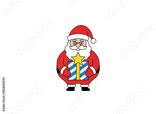 Adorable Santa Claus clutching a Christmas present, a cheerful holiday figure holding a wrapped gift, an elderly bearded man in a red hat with a box for the winter season, depicted as a flat vector