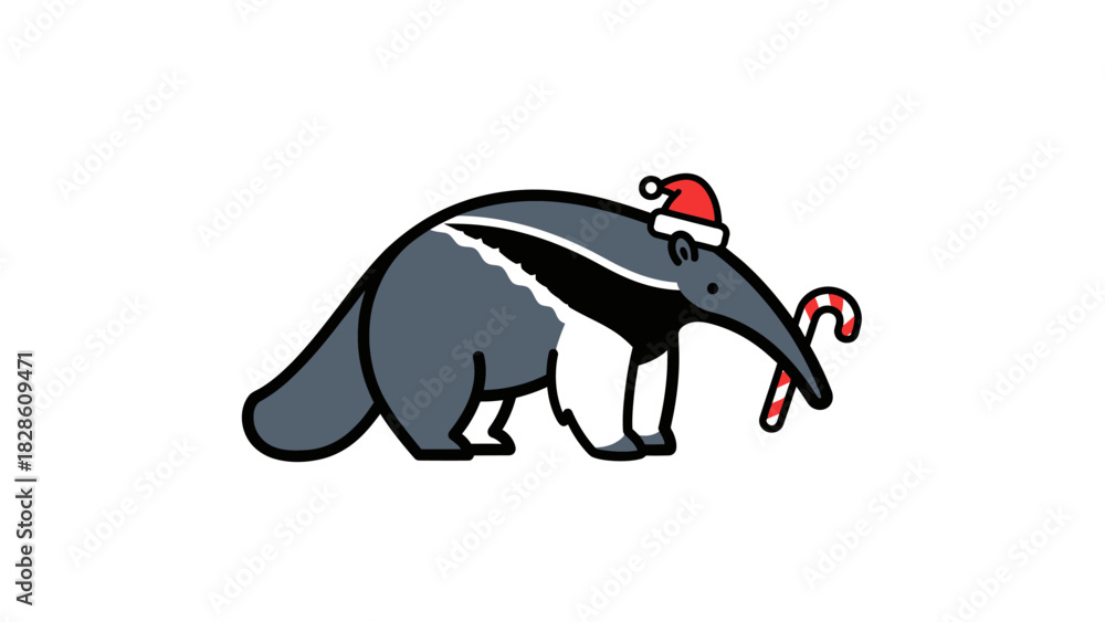Obraz premium Anteater Christmas Cartoon with Candy Cane and Santa Hat Illustration