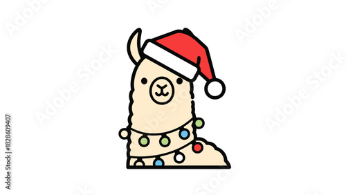 Festive Llama with Christmas Lights and Santa Hat A Holiday Season Illustration