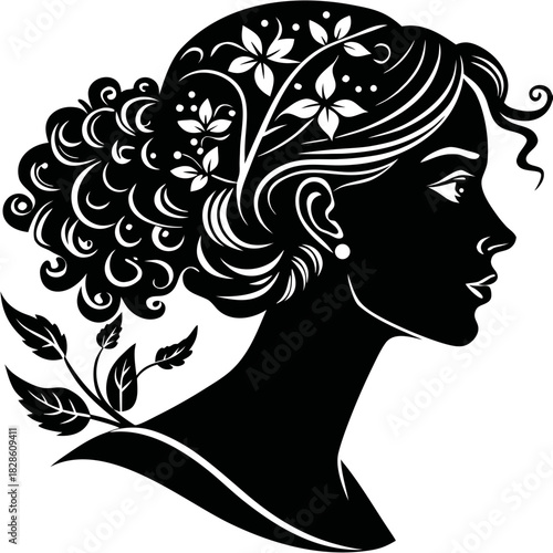 Elegant Woman Profile Silhouette with Floral Hair Ornament Black Illustration
