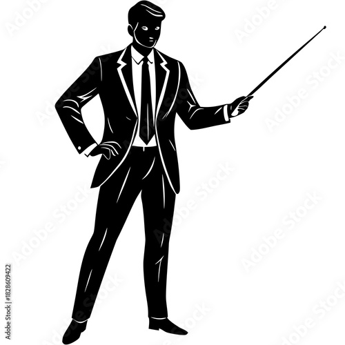 Black and White Orchestra Conductor with Baton Silhouette Illustration