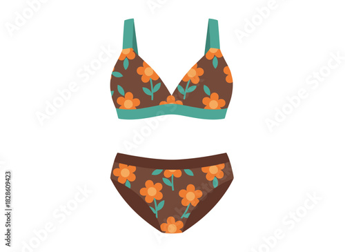 A stylish women's bikini featuring a floral pattern, with separate top and bottom, rendered as a flat, colorful vector illustration on a white background