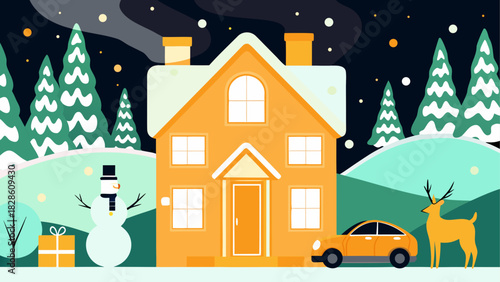 Winter scene with house car and christmas trees