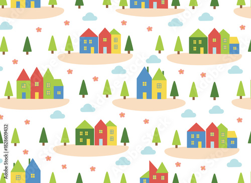 A seamless Scandinavian pattern featuring adorable small houses and trees, an endless background design with repeating sweet little homes, a Scandi-Nordic styled town texture, and a colored flat