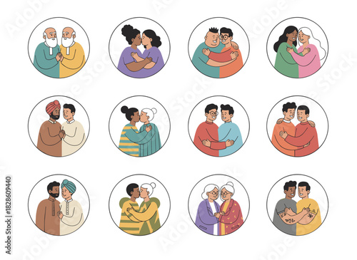 Illustrations of LGBTQ+ couples in affectionate poses, featuring romantic, passionate embraces between gay and lesbian men and women, rendered as flat vectors on a white background