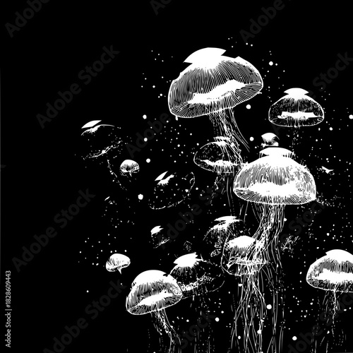 A cluster of white jellyfish floating in a dark space with scattered white dots and lines around them