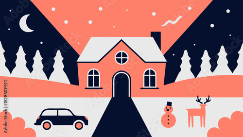 Illustration of a winter scene with house and car