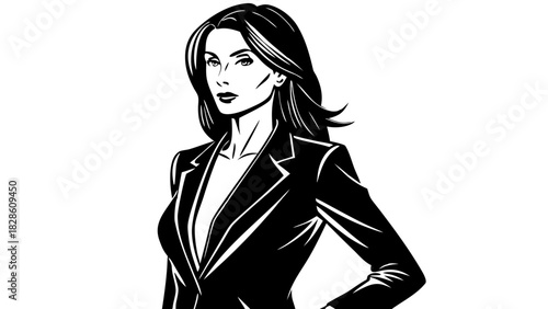 Confident Businesswoman Black and White Illustration Professional Woman Portrait