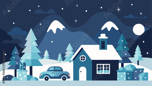 Winter landscape with house car and snow mountains