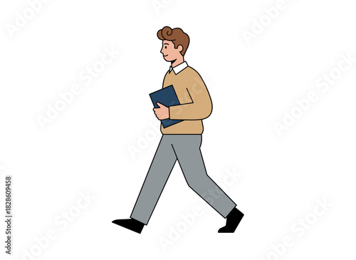 A thoughtful office worker or businessman clutching a laptop, a young male character holding papers or a tablet, an adult contemporary man in casual attire, all rendered as a flat vector cartoon