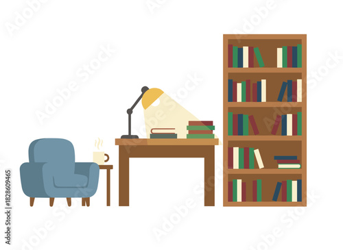 Illustration of a hand‑drawn sketch of a modern home library with bookshelves