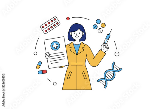 A charming young woman stands beside blisters while holding pills, prescription drugs, tablets, or medications, illustrating the concepts of remedy, treatment, healthcare, and pharmaceuticals in a