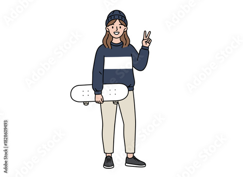 Illustration of a cheerful teenage girl posing with a skateboard, winking and giving a peace sign, smiling, presented as a flat colored vector on a white background