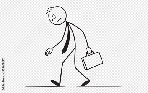 Defeated stick figure businessman dragging briefcase after a tough day, symbolizing burnout and work stress in a minimalistic and relatable way