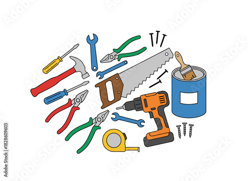 A seamless pattern showcasing both manual and powered tools for home repair and maintenance, set against a backdrop of handicraft equipment scattered on a white background, rendered as a realistic