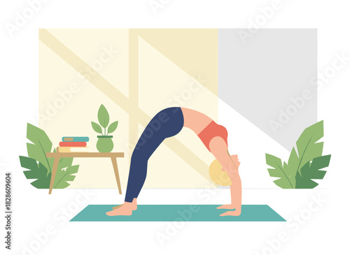 A pregnant woman practicing prenatal yoga at home, performing the Table Bridge Pose with her belly, depicted in a flat vector illustration on a white background