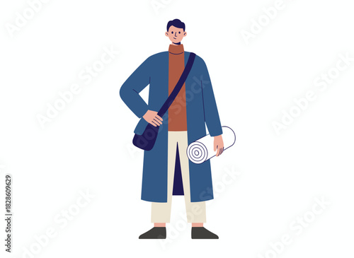 A young woman in casual warm clothes warms her hands with a cup of takeaway hot drink during winter, depicted as a colored flat vector illustration of a modern person in fashionable apparel on a