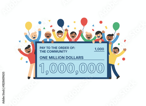 A cheerful couple holding a million‑dollar bank check in a flat vector illustration, surrounded by balloons and fireworks, standing alone on a white background as winners of a grant or lottery