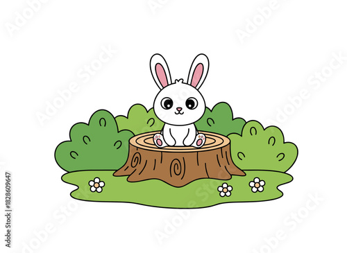 A cute hare tucked into a tree trunk hole, a small forest animal inside a woods shelter, portrayed as a funny, adorable wild character in a flat vector illustration on a white background