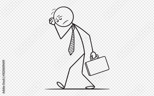 Down on his luck stick figure businessman trudging along with briefcase, feeling dejected and overwhelmed by career challenges or financial stress