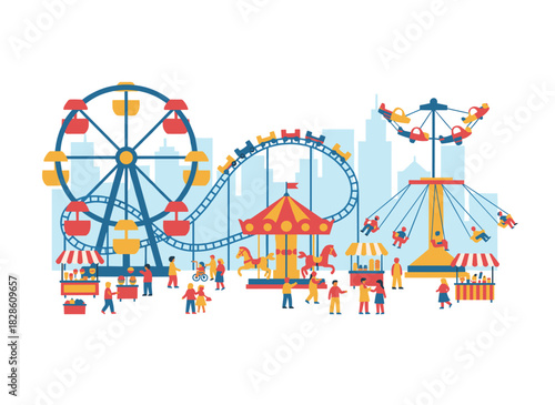A flat vector illustration of an amusement park featuring a circus, ferris wheel, carousel, roller coaster, and kiosks selling candies and ice cream, located in a city area for recreation and