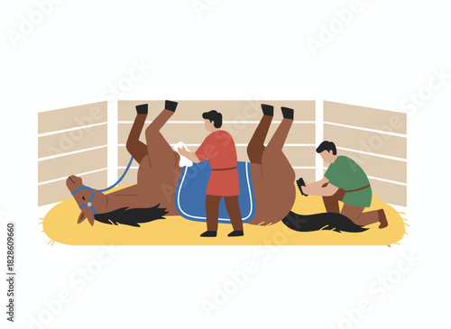 A humorous horse rolled onto its back, playfully lifting its legs, lying on the ground and enjoying the earth, depicted as a flat vector illustration on a white background