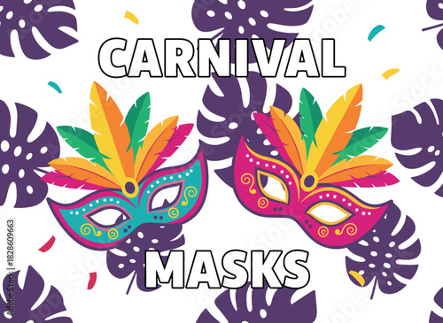 A Mardi Gras poster or flyer template featuring tropical palm leaves and holiday masks—festive illustration for a masquerade ball or carnival party invitation, celebratory event announcement