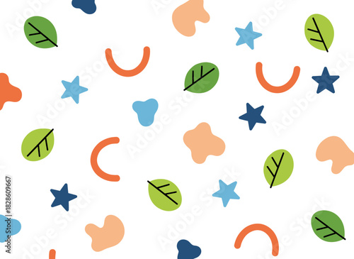 An endless, seamless abstract pattern featuring organic shapes, leaves, and natural textures, designed as a repeating print for fabric with scribble accents, rendered in flat colored vector