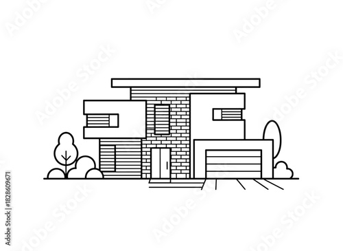 A hand‑drawn illustration of a modern private villa in black and white