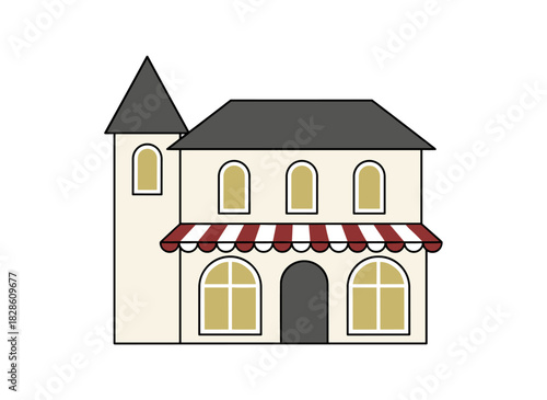 An aged city structure with a historic front, featuring European architectural elements such as a tower, awning, and shop, representing municipal construction and real estate outdoors, rendered as a
