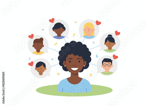 A woman evaluates and ranks potential partners, comparing various men before selecting someone for a romantic relationship, depicted as a flat vector illustration on a white background