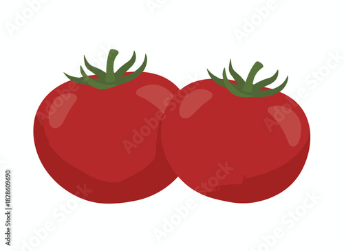 Fresh, ripe tomatoes with green stems, harvested from summer farms, packed with vitamins for healthy organic nutrition, depicted as a flat vector illustration against a white background