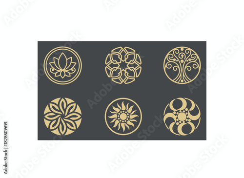 A set of elegant circular ornaments illustrated with contour lines, featuring ornate floral decorative elements, rendered as a modern line‑art vector illustration suitable for a logotype