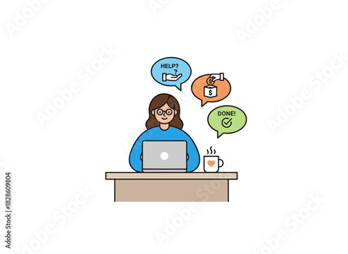 A woman and a young girl are online volunteers collecting donations for those in need, depicted in a colorful flat cartoon vector illustration