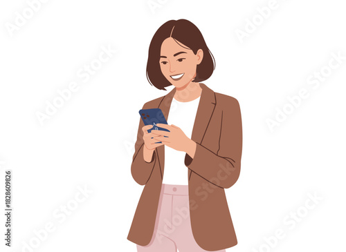 A woman holds a smartphone, browsing the internet, sending a business text, gazing at the screen, depicted in a flat vector illustration on a white background