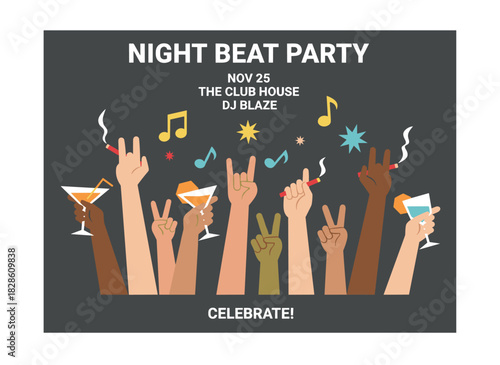 A modern vector poster for a night club party or music festival, featuring raised hands clutching drink bottles and cigarettes, designed as an invitation or advertisement