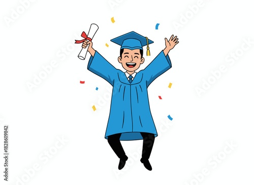 A school child in a graduation gown and cap, a happy student with glasses graduating; a cute, smart boy in a master's hat, wunderkind, prodigy holding a diploma; a flat vector illustration isolated