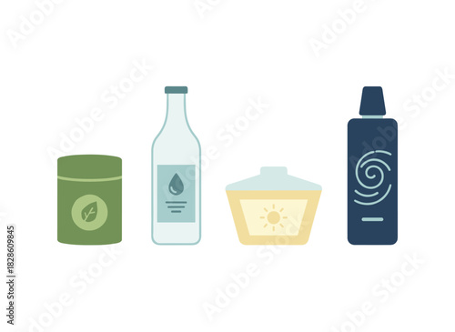 Spray bottle and jar cleaners, detergents, and organic eco-friendly household supplies for housekeeping and washing, presented as a green cleanser set in a flat vector illustration on a white