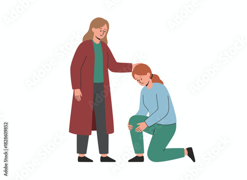 A woman offering comfort and support to a sad, depressed individual, embodying empathy, sympathy, and compassion, depicted as a sympathetic friend aiding someone with depression in a flat vector