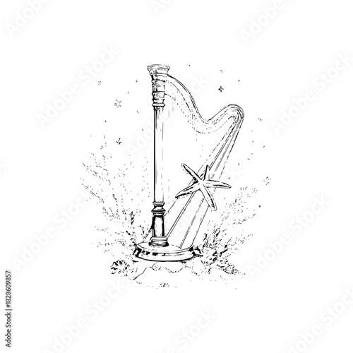 A sketch of a harp with a starfish resting against it surrounded by stylized floral elements artfully drawn