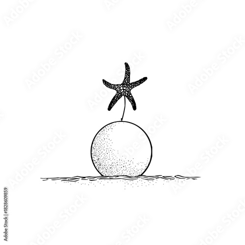 A detailed drawing of a starfish balanced on a dotted sphere near water with a simple line drawing