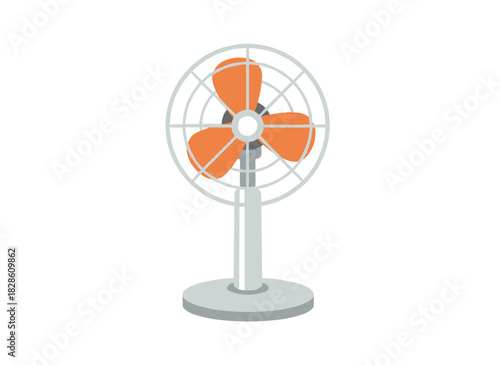 Illustration of a table fan, a wind blower depicted as a vector graphic, showing an electric fan on a white background, a household appliance with rotating blades, symbolizing summer weather