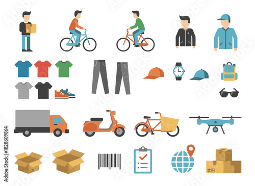 Cartoon vector illustration featuring an African American delivery boy constructor, with a collection of male character body parts in various postures, uniform isolated on a white background, shown