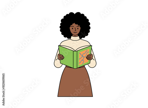 A young Black woman holds an open paper book, smiling and excited as she reads contemporary literature; she is a passionate bookworm eager to learn and study, depicted in a flat vector illustration