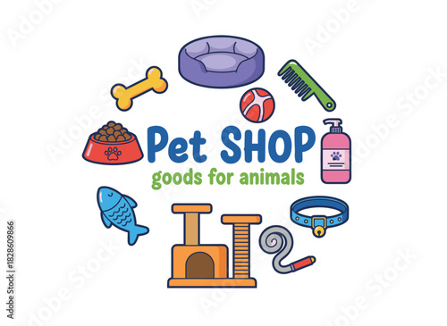 A flat vector illustration of a pet shop promotional card showcasing animal accessories, goods store background, canine and feline supplies, cats and dogs toys, and marketing advertisement