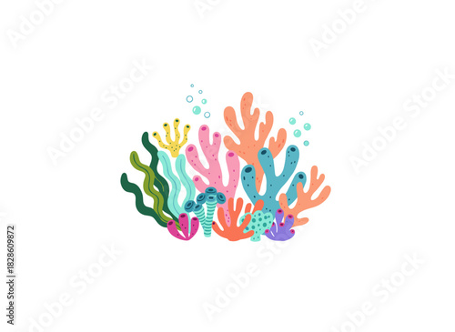 A collection of diverse corals, seaweed, and algae set against a white background, featuring stunning underwater species, deep‑sea creatures, and aquatic flora and fauna, illustrated in a colorful