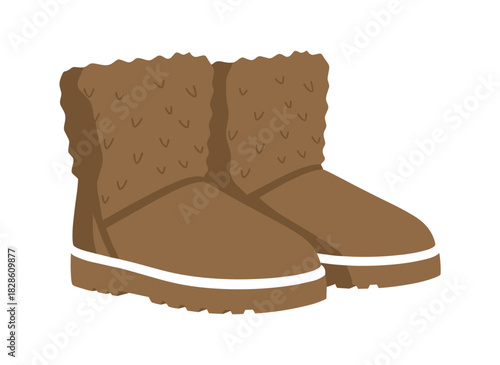 Fur-lined winter boots offer warm, comfortable footwear for cold weather, featuring a stylish, casual, cozy fleece design and soft footgear, presented as a flat vector illustration on a white