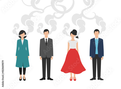 A flat‑style vector illustration depicts a smoking room where various office workers, including a man and a woman with cigarettes, are on a smoke break