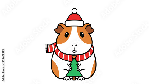Festive Guinea Pig with Christmas Tree Illustration - Holiday Season Cheer & Pet Celebration