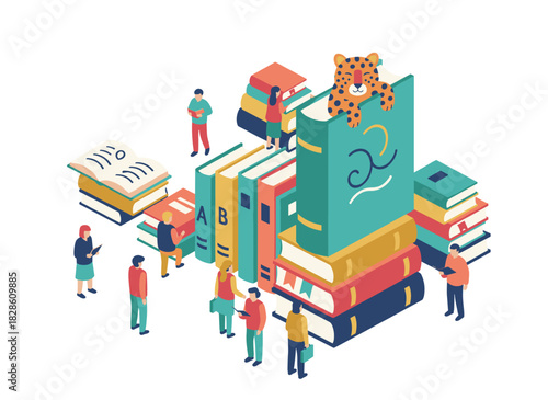 Template for a flyer or poster featuring small figures, large books, and a text area, suitable for book fairs, markets, exhibitions, or literature festivals, presented as a modern flat cartoon vector